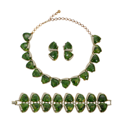 Vintage Charel Green Marble Bakelite and Metal Parure