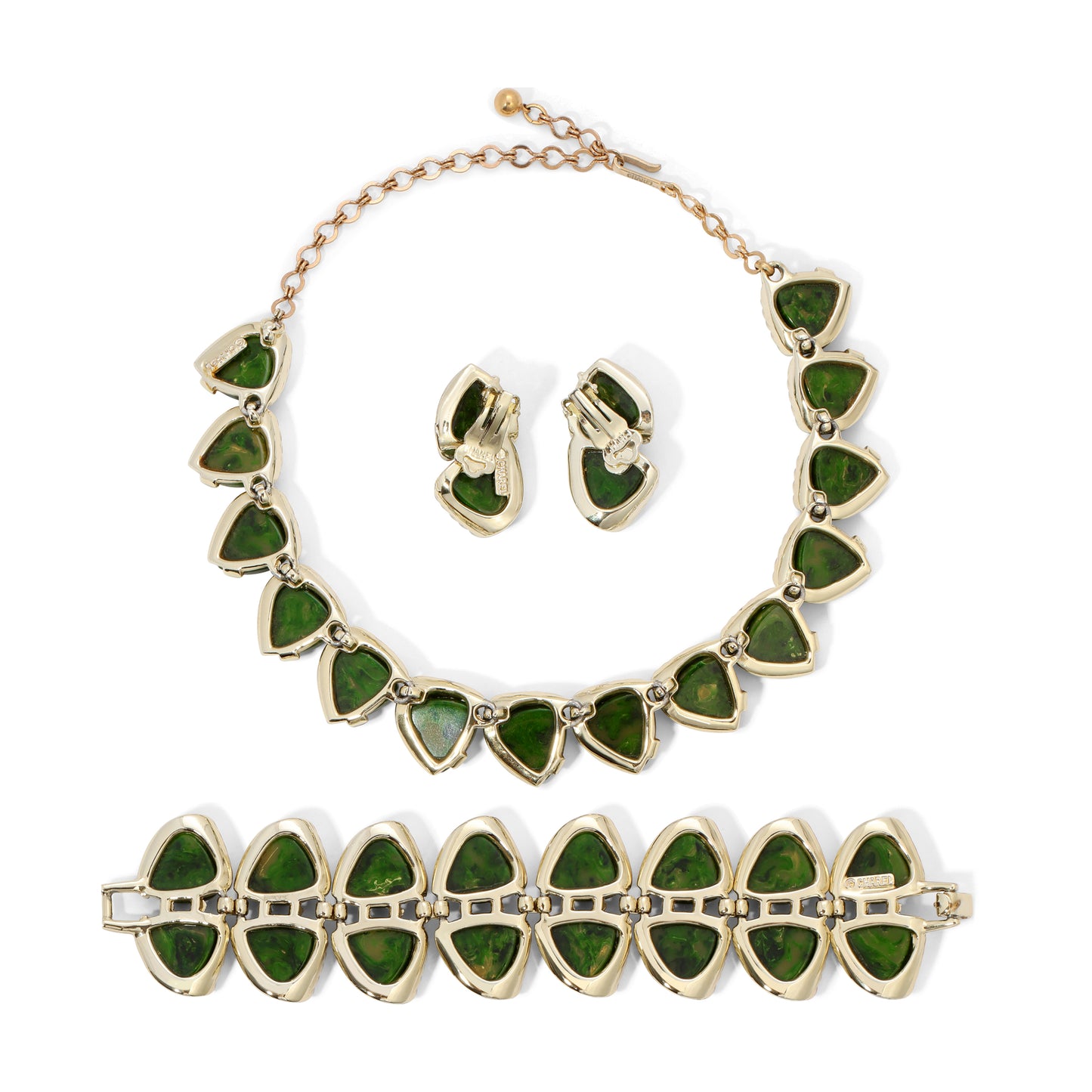 Vintage Charel Green Marble Bakelite and Metal Parure