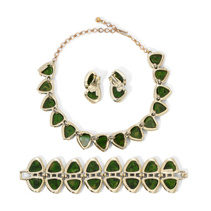 Vintage Charel Green Marble Bakelite and Metal Parure