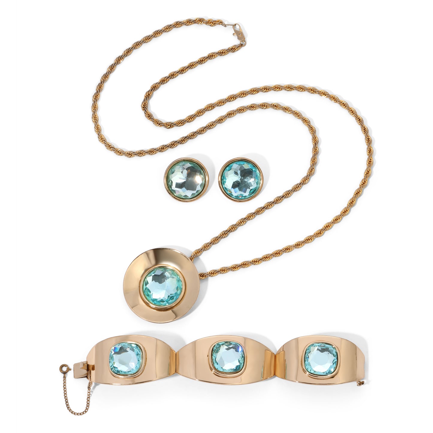 Vintage Signed Bergere Aqua Blue Glass Facet Parure