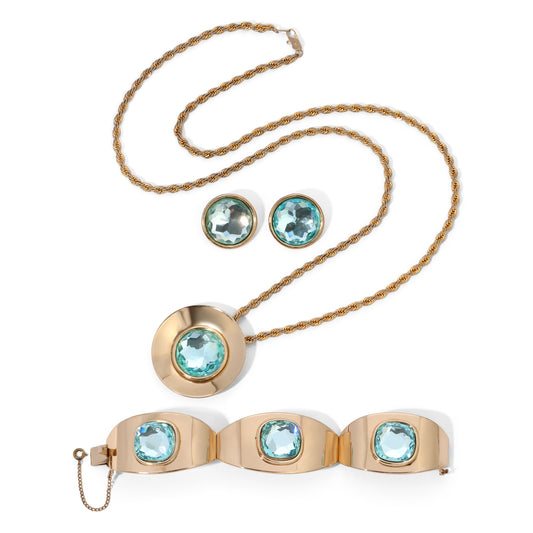 Vintage Signed Bergere Aqua Blue Glass Facet Parure