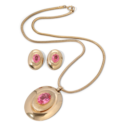 Vintage Signed Bergere Pink Faceted Glass and Gold Parure