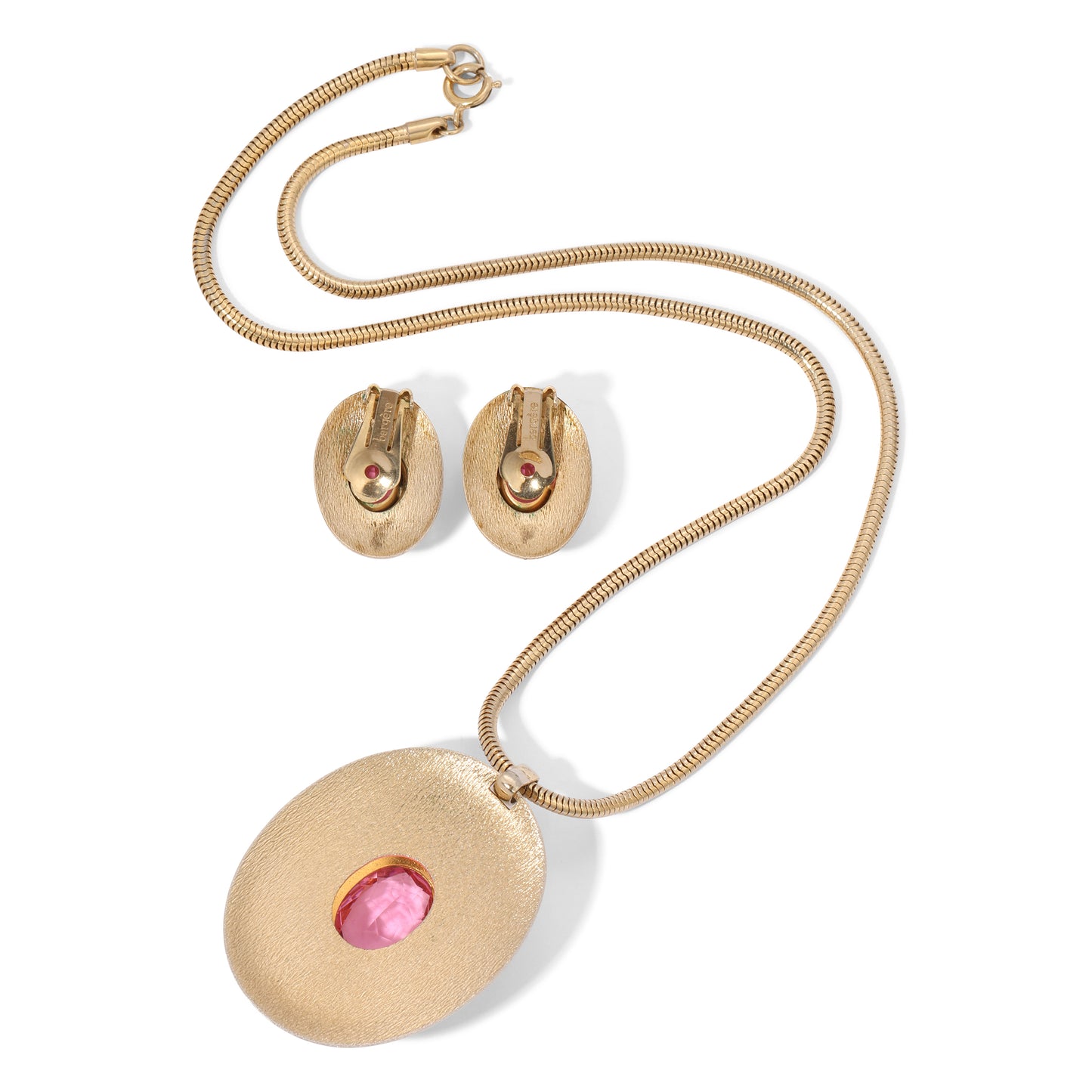 Vintage Signed Bergere Pink Faceted Glass and Gold Parure