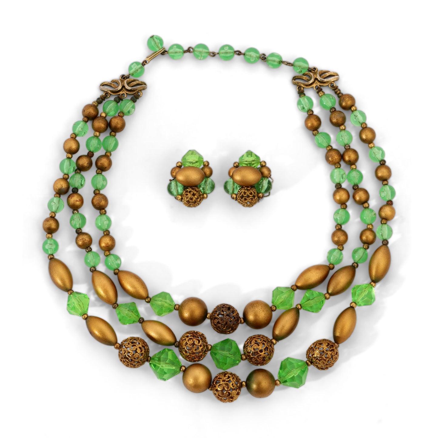 Vintage Signed Deauville Green and Gold Bead Parure