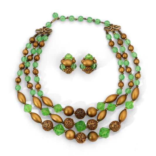 Vintage Signed Deauville Green and Gold Bead Parure