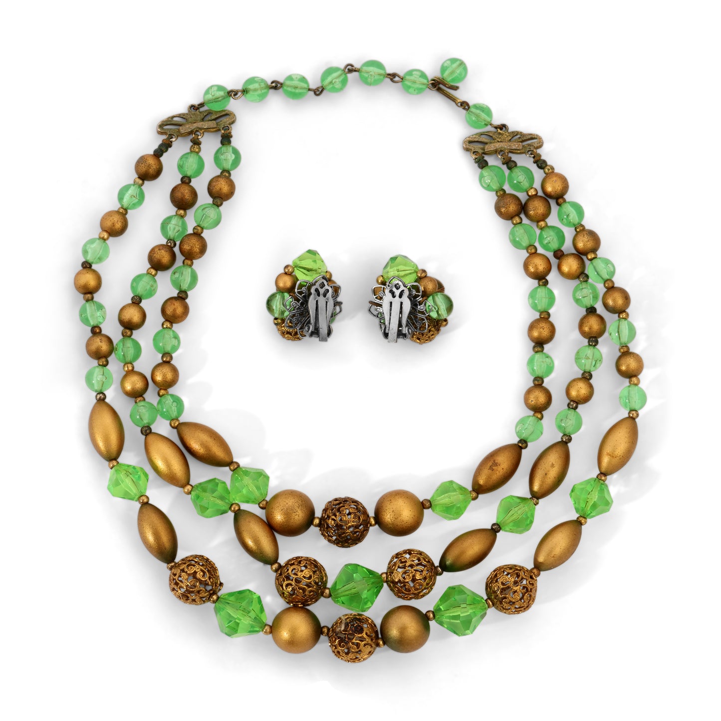 Vintage Signed Deauville Green and Gold Bead Parure