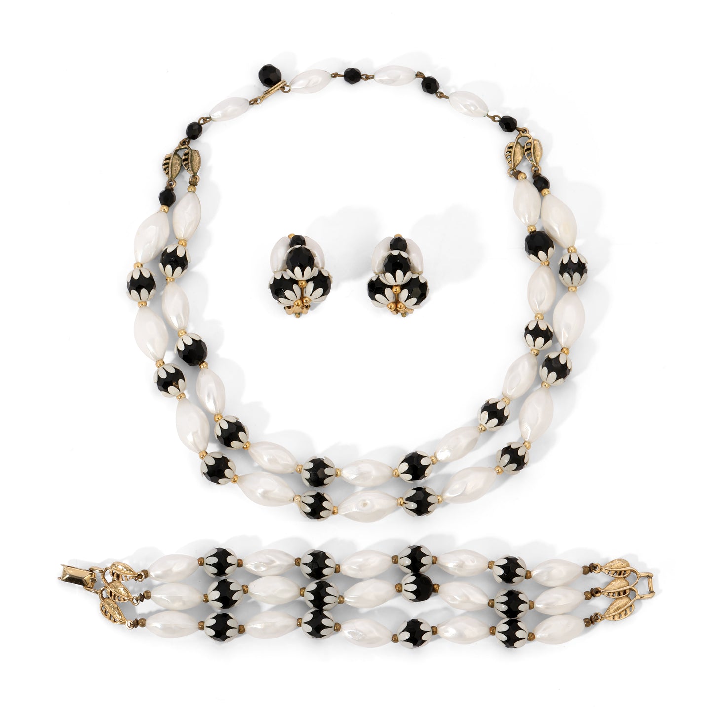 Vintage Signed Deauville White Black Faux Pearl & Floral Bead Parure