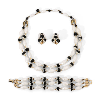 Vintage Signed Deauville White Black Faux Pearl & Floral Bead Parure