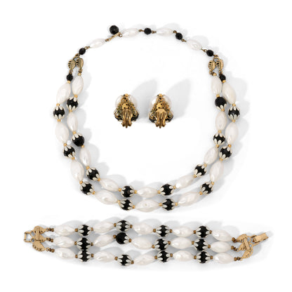 Vintage Signed Deauville White Black Faux Pearl & Floral Bead Parure