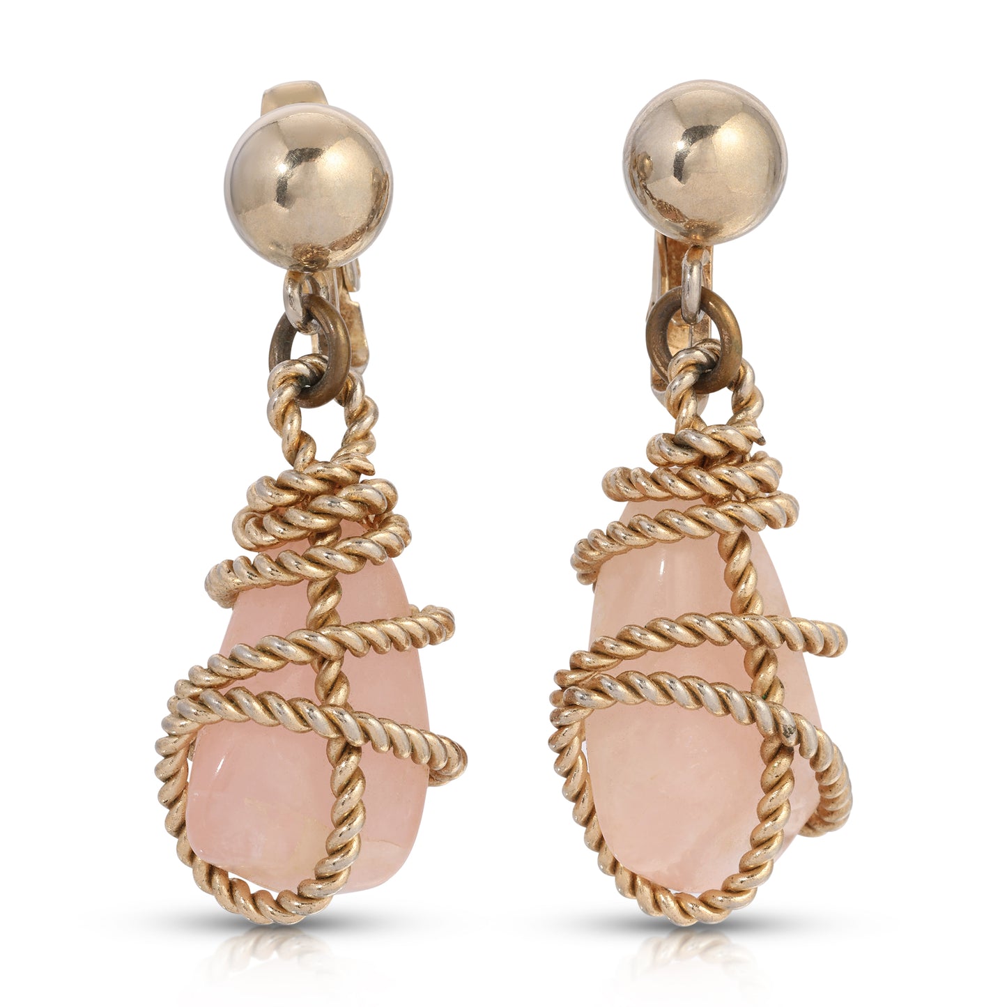 Vintage Bergere Gold Tone Wrapped Pink Quartz Clip-on Earrings