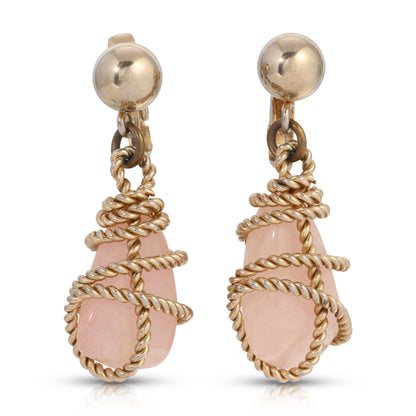 Vintage Bergere Gold Tone Wrapped Pink Quartz Clip-on Earrings