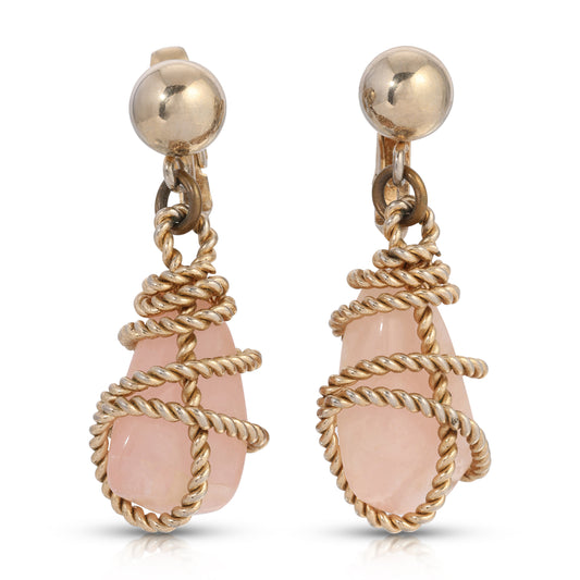 Vintage Bergere Gold Tone Wrapped Pink Quartz Clip-on Earrings