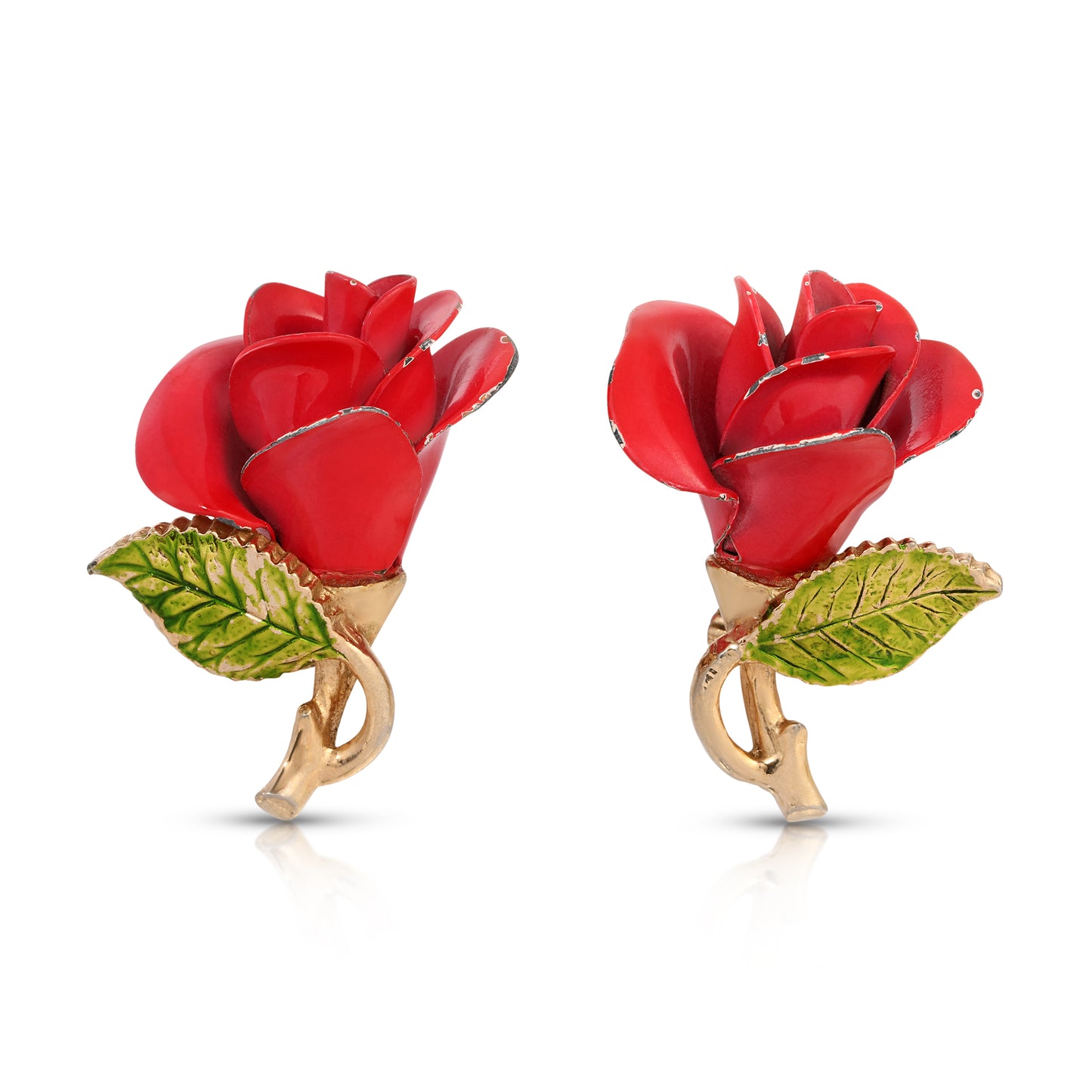 Vintage Bergere Signed Enamel Rose Earrings