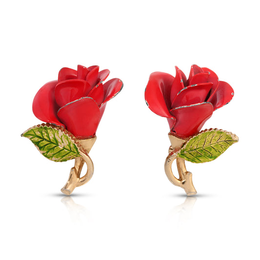 Vintage Bergere Signed Enamel Rose Earrings