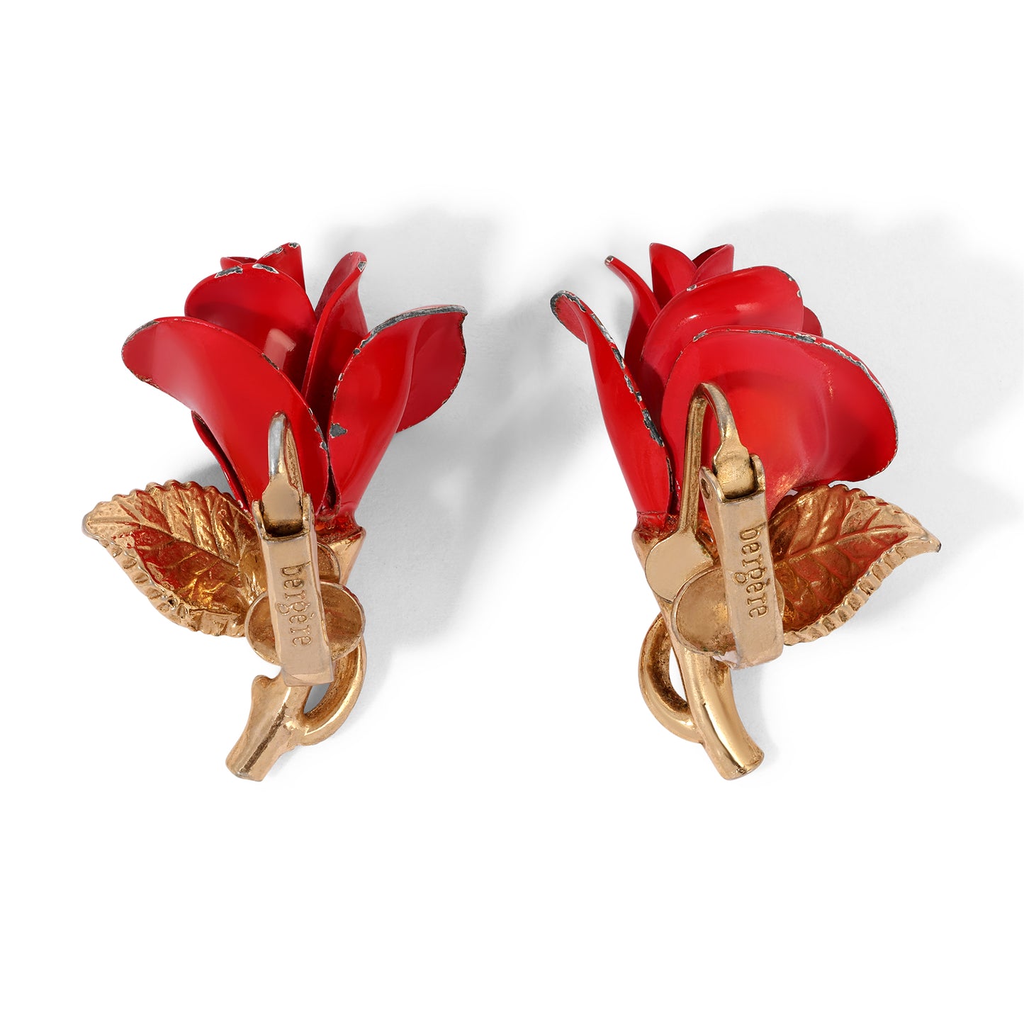 Vintage Bergere Signed Enamel Rose Earrings