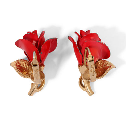 Vintage Bergere Signed Enamel Rose Earrings