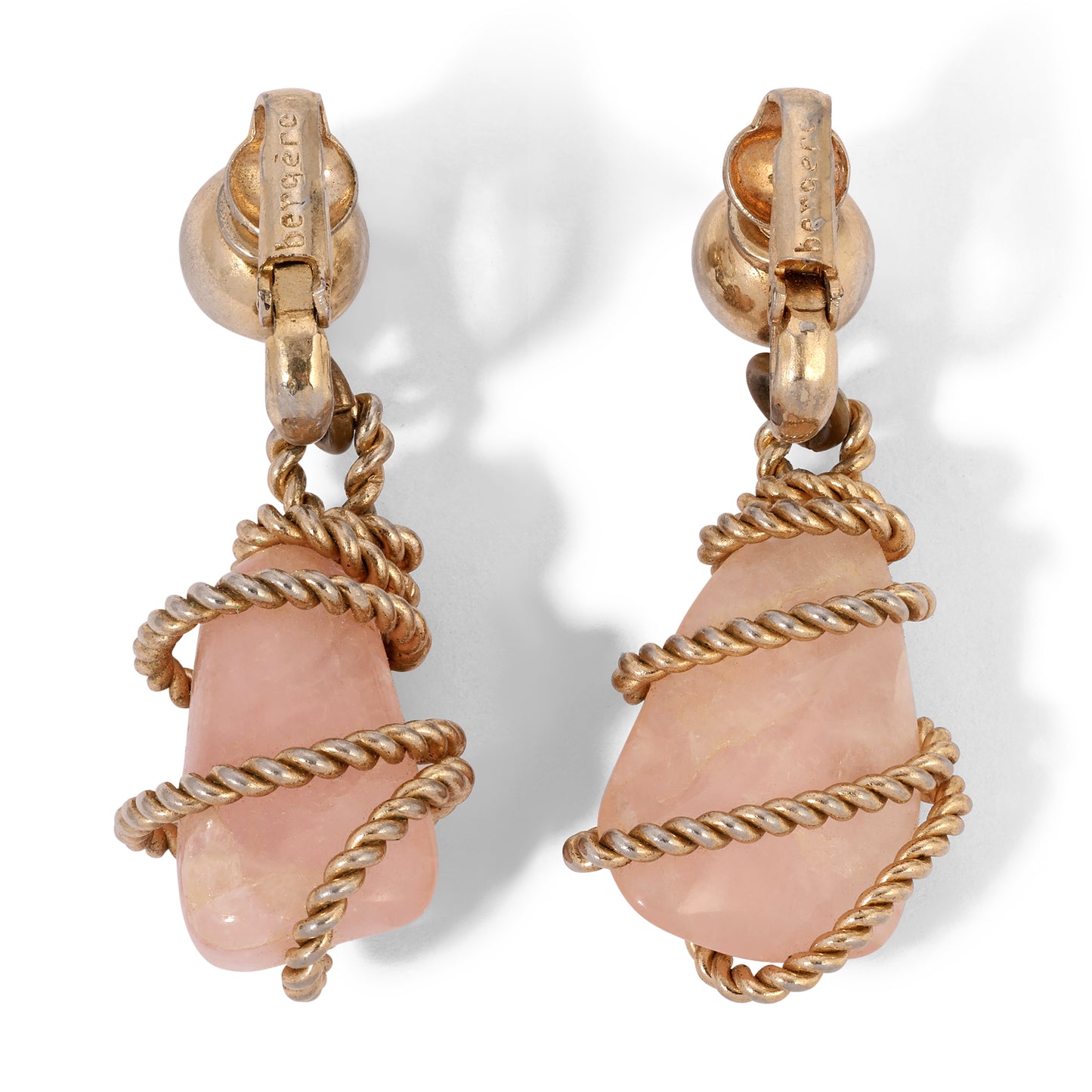 Vintage Bergere Gold Tone Wrapped Pink Quartz Clip-on Earrings