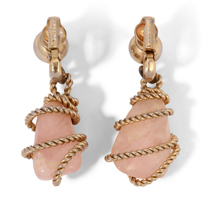 Vintage Bergere Gold Tone Wrapped Pink Quartz Clip-on Earrings