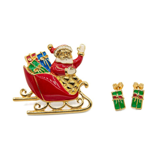 Vintage Avon Santa Sleigh Brooch & Earrings