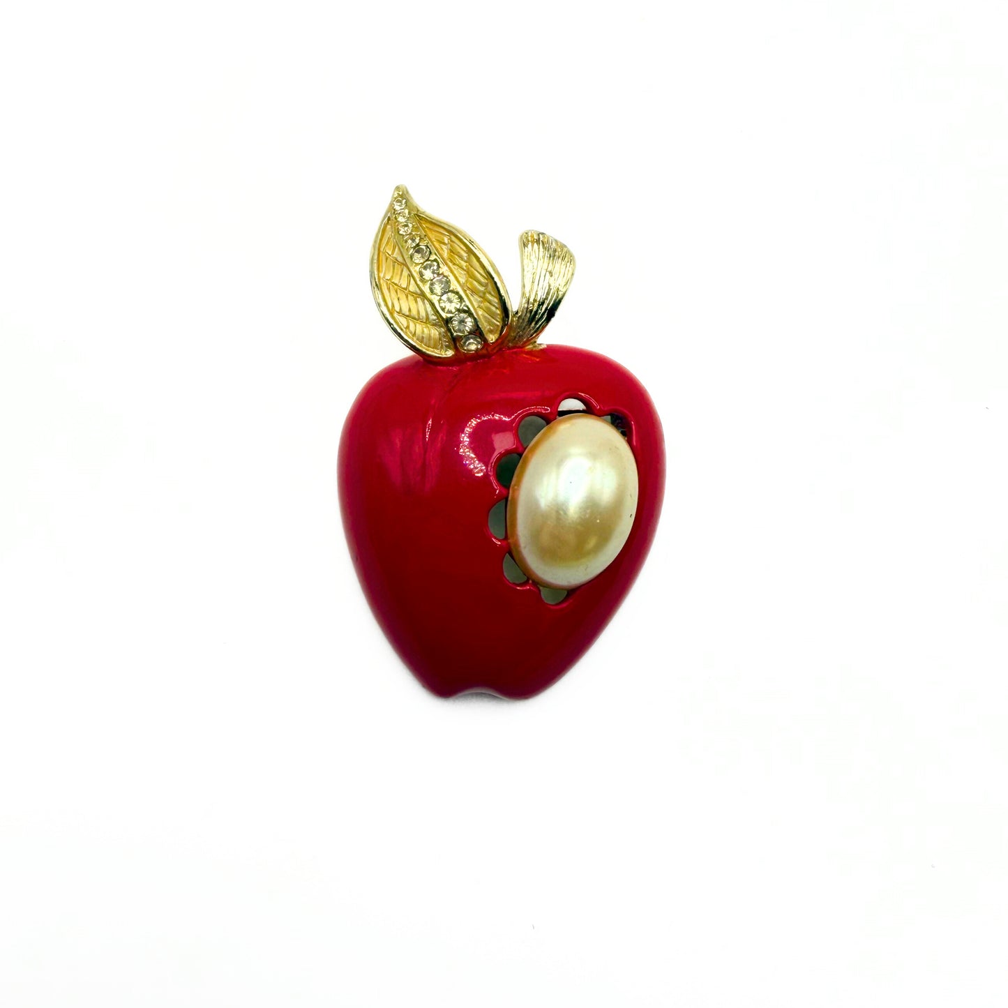 Vintage Faux Pearl Red Enamel Apple Rhinestone Brooch Pin