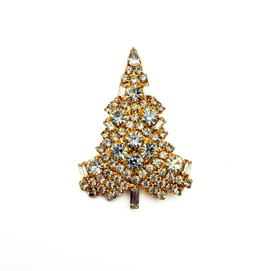 Vintage Clear Rhinestone Christmas Tree Brooch