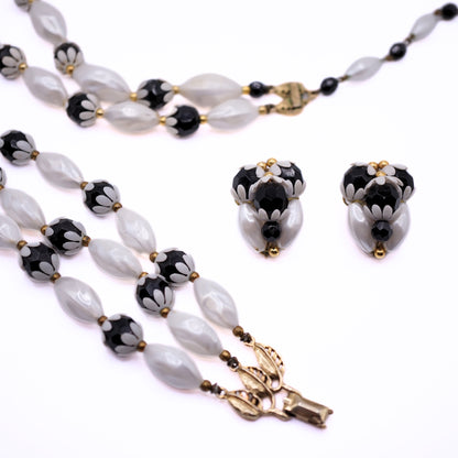 Vintage Signed Deauville White Black Faux Pearl & Floral Bead Parure