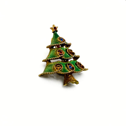 Vintage JJ Green Enamel Christmas Tree Brooch