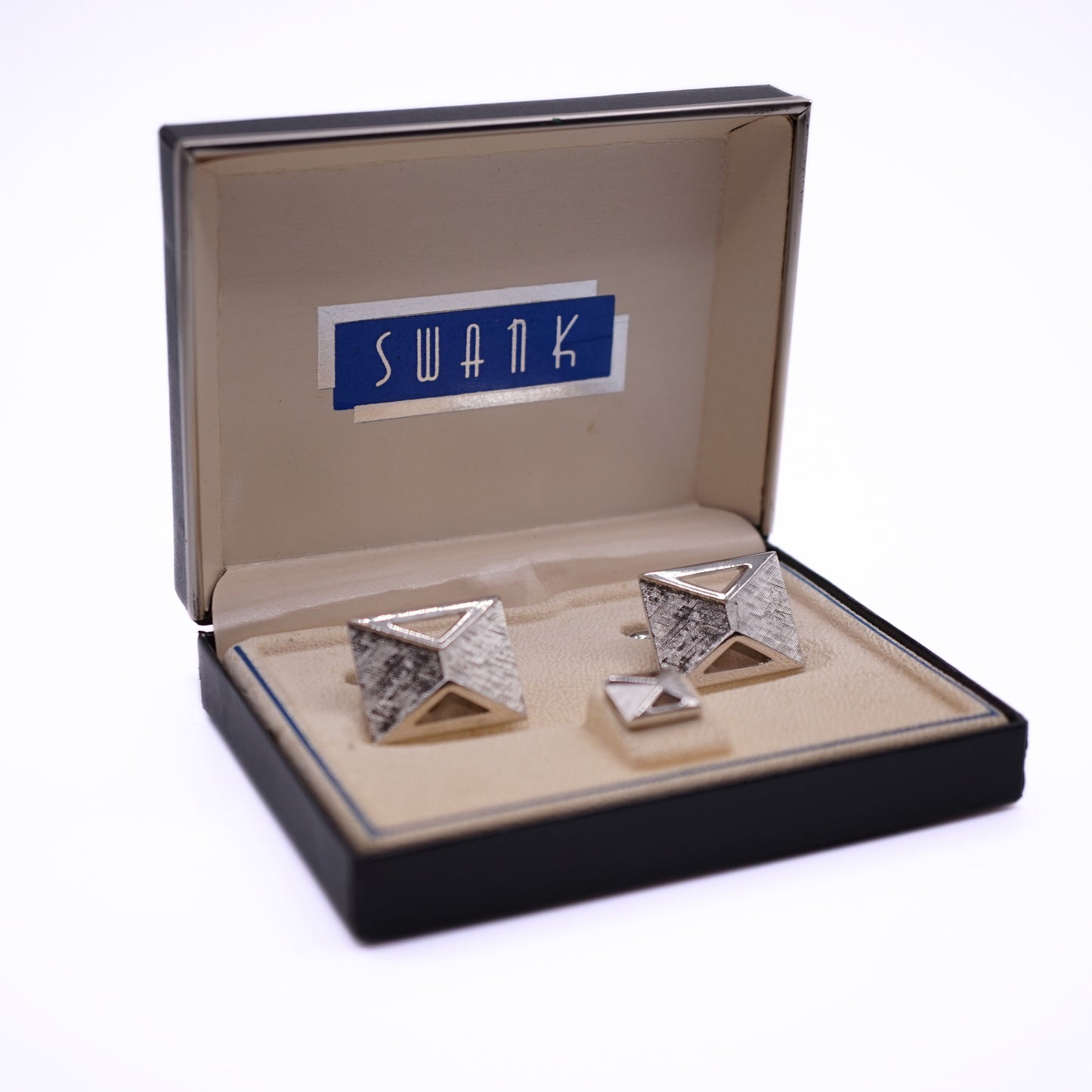 Vintage Swank Signed Silver-Tone Geometric Cufflinks & Tie Tack