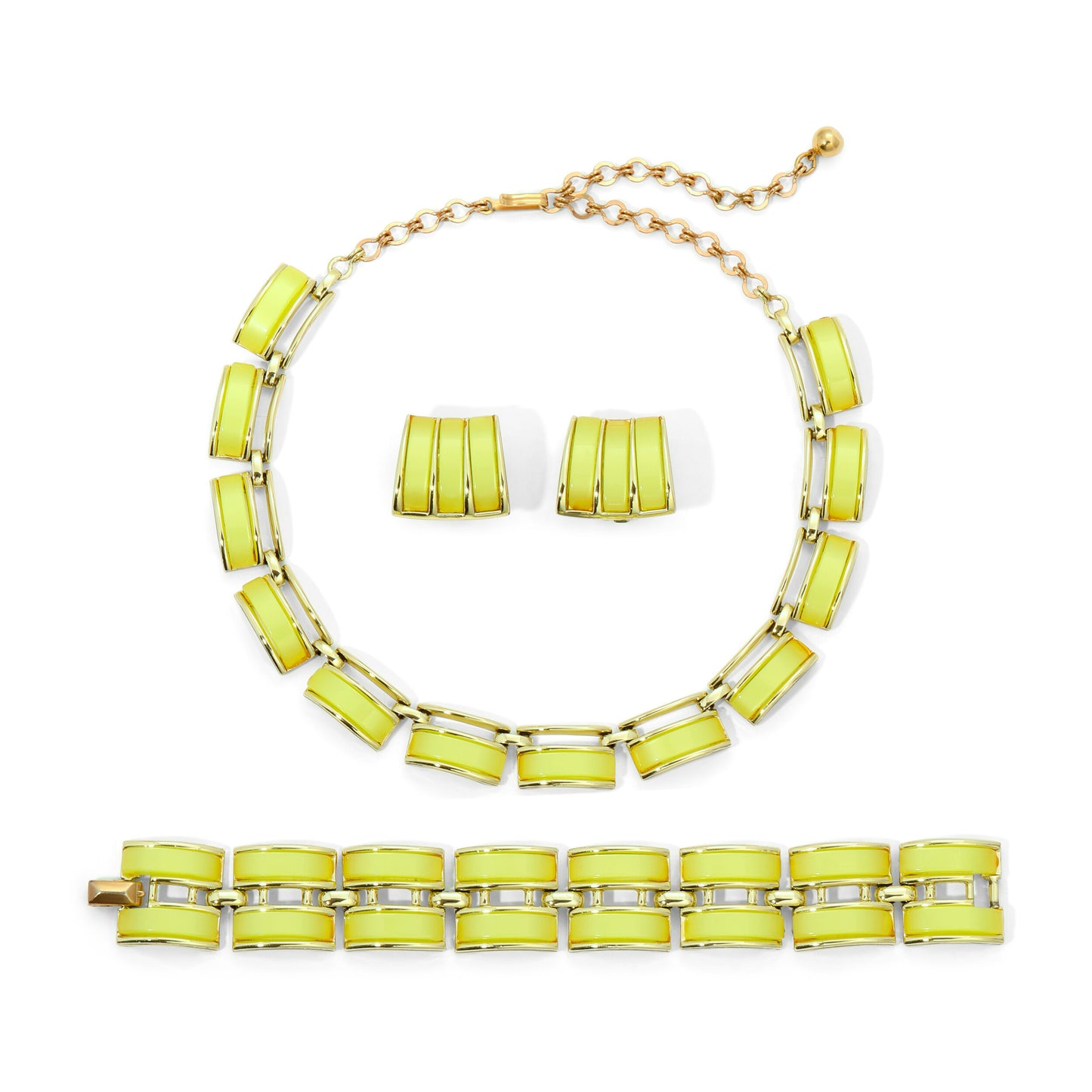 Vintage Signed Charel Chartreuse Lucite Gold Metal Parure