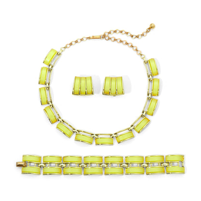 Vintage Signed Charel Chartreuse Lucite Gold Metal Parure