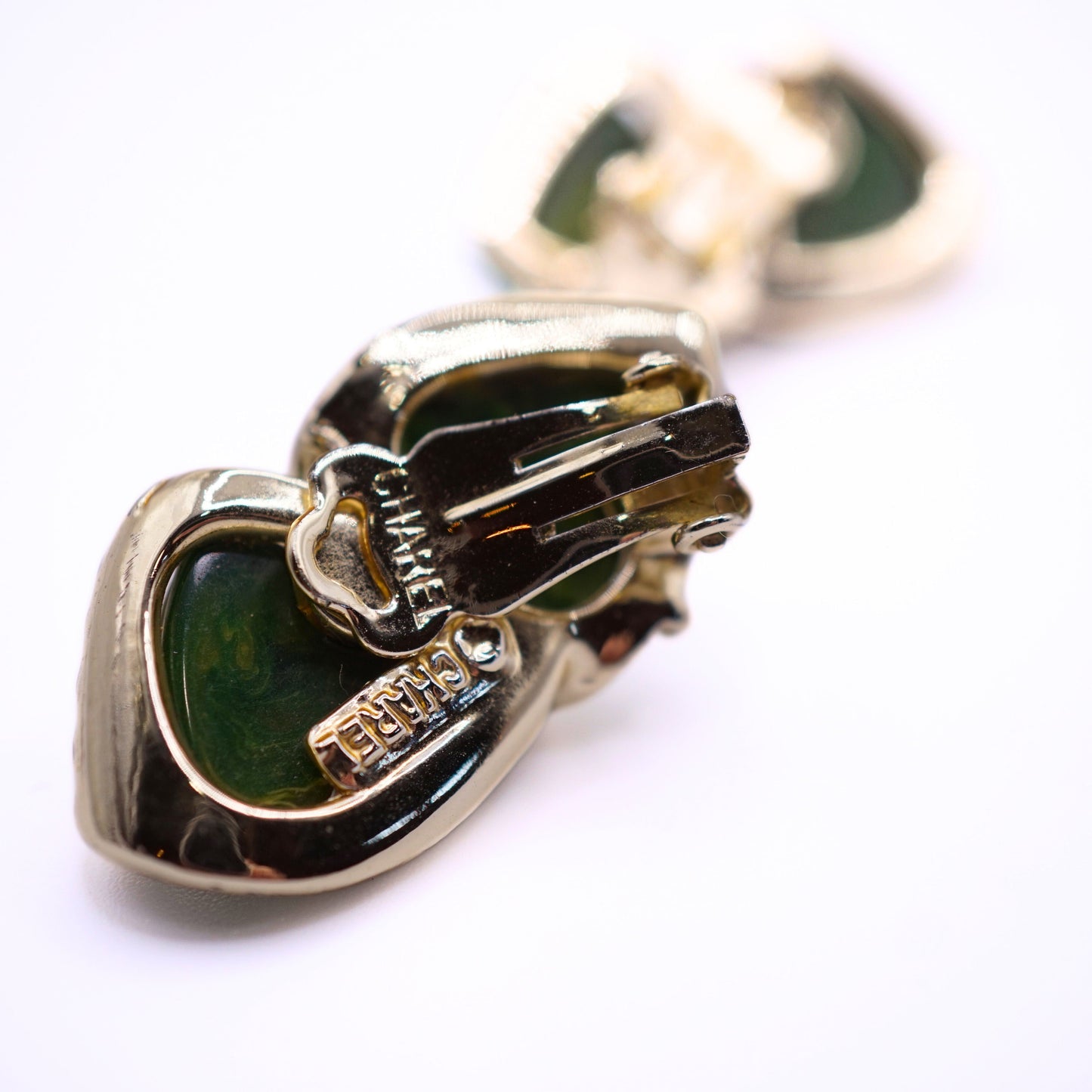 Vintage Charel Green Marble Bakelite and Metal Parure