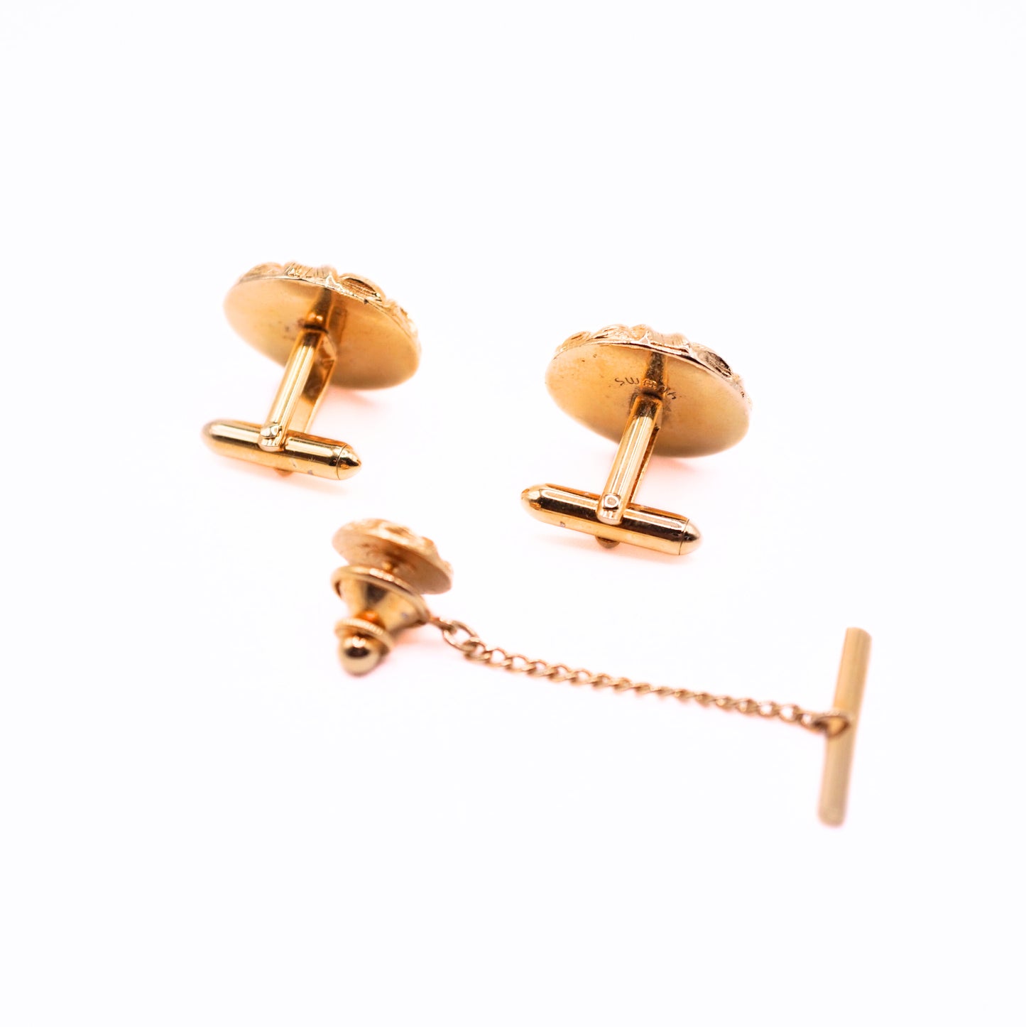 Vintage Swank Gold Textured Round Cufflinks & Tie Tack