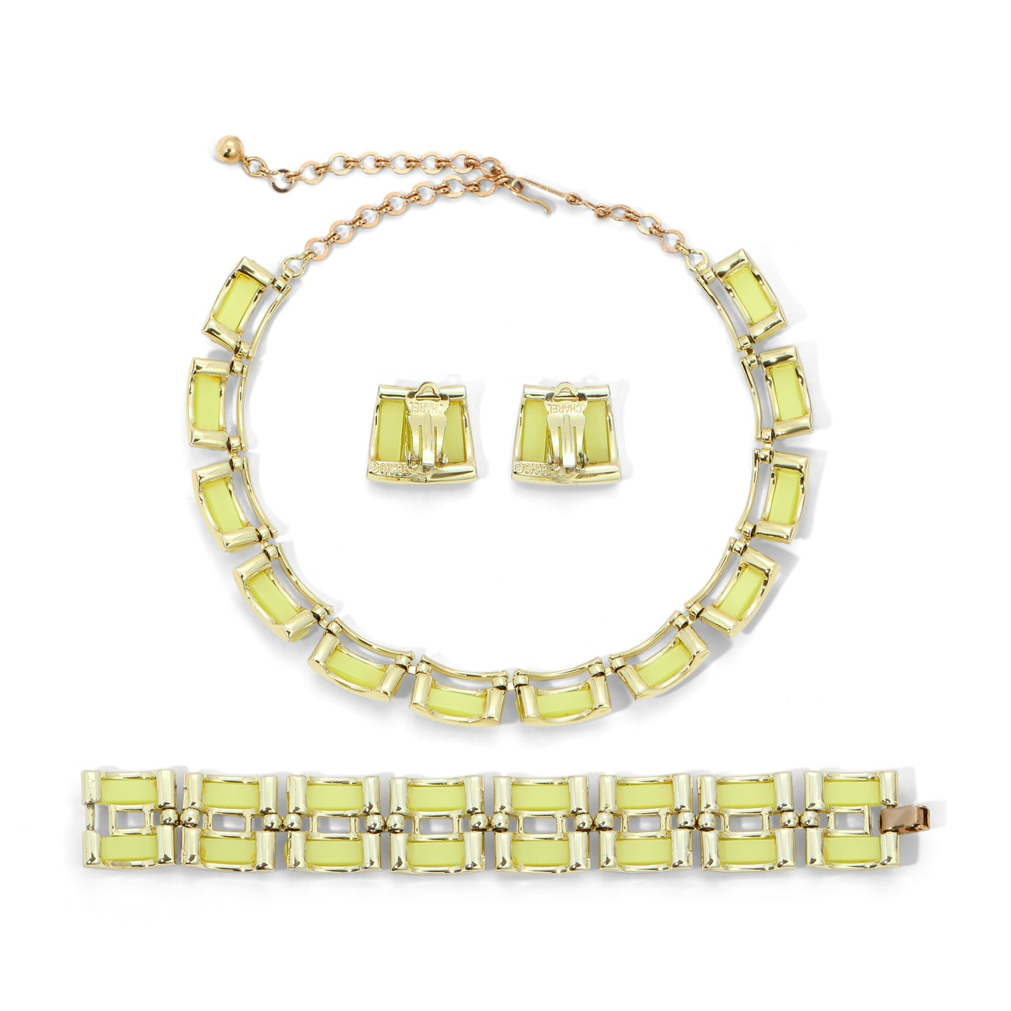 Vintage Signed Charel Chartreuse Lucite Gold Metal Parure