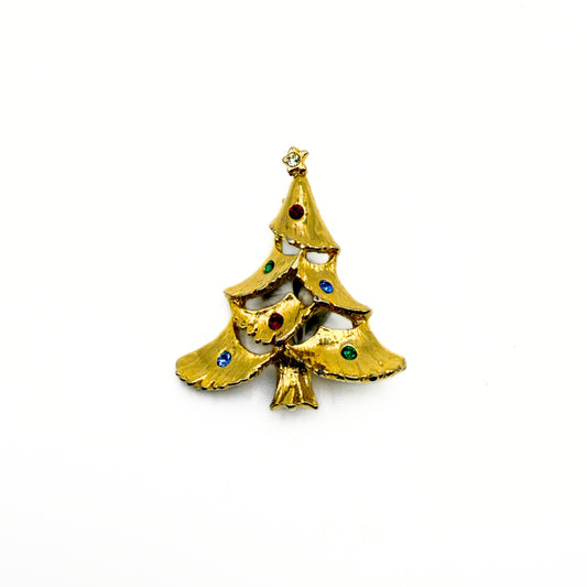 Vintage Gold-Tone Christmas Tree Brooch with Multicolor Rhinestones