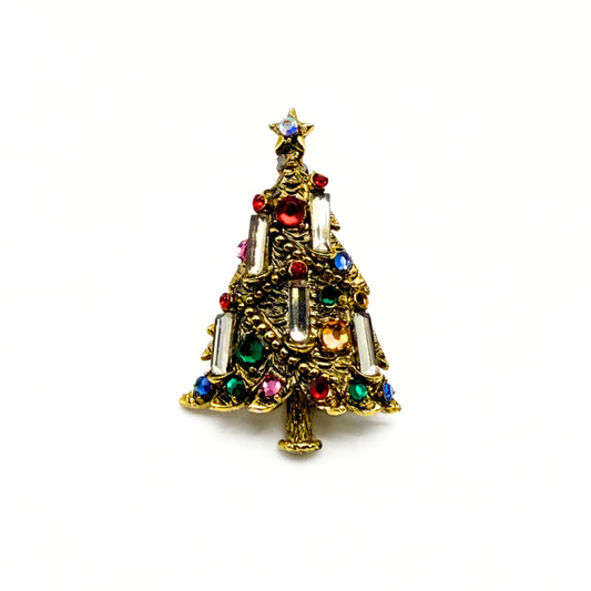 Vintage Hollycraft Multicolor Rhinestone Christmas Tree Brooch