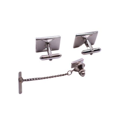 Vintage Swank Signed Silver-Tone Geometric Cufflinks & Tie Tack
